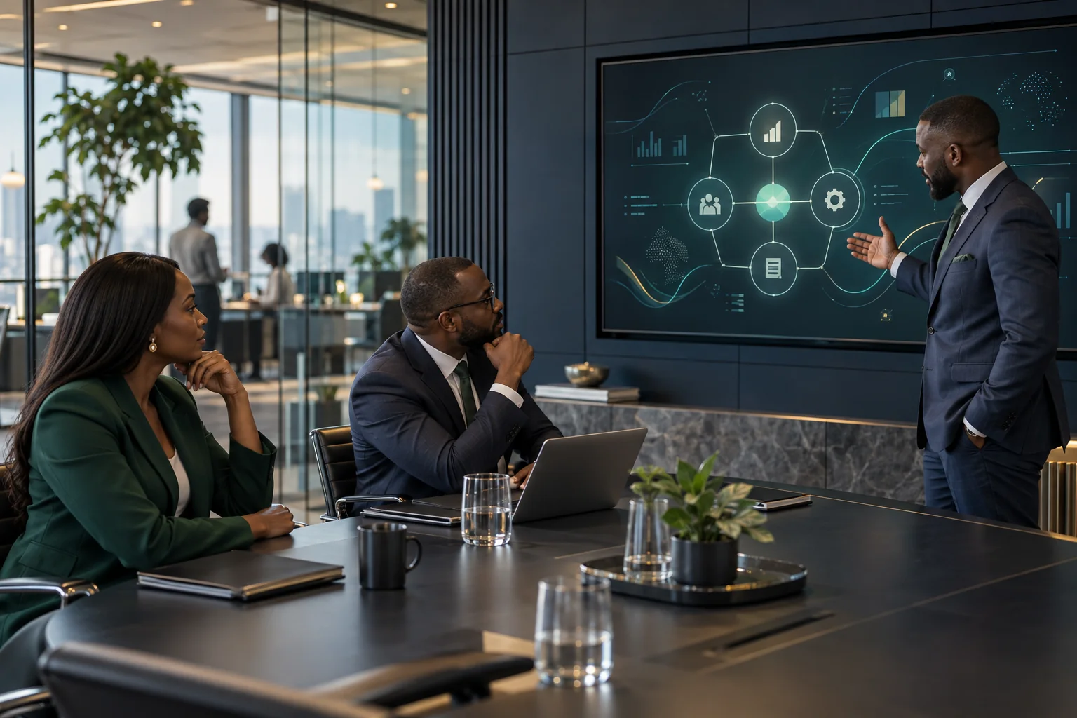 Executives reviewing a connected custom ERP operating model