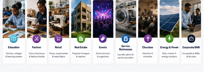 Industries served by D3F Solutions including education, fashion, retail, real estate, events, services, churches, energy and corporate businesses