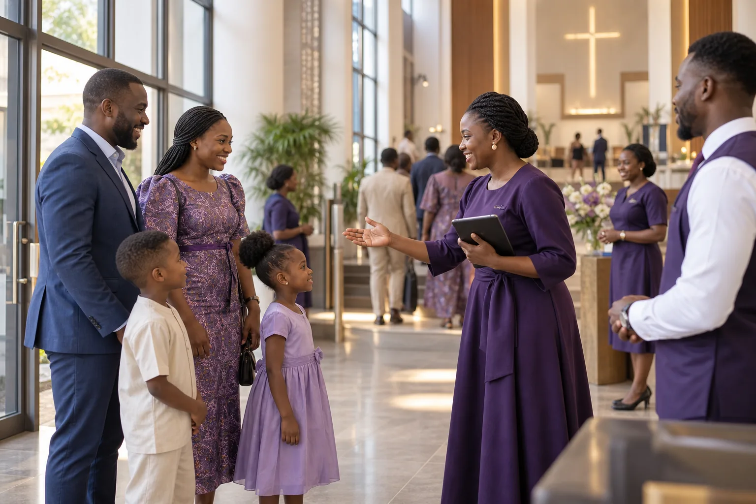 Church administrator welcoming a family with Ekklesia