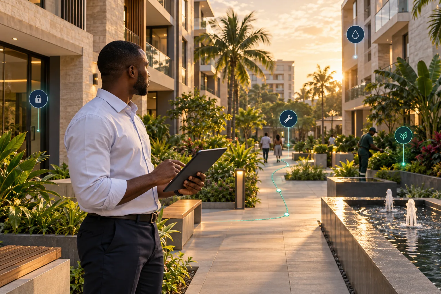 Facility manager coordinating a landscaped residential development with FacilityOS